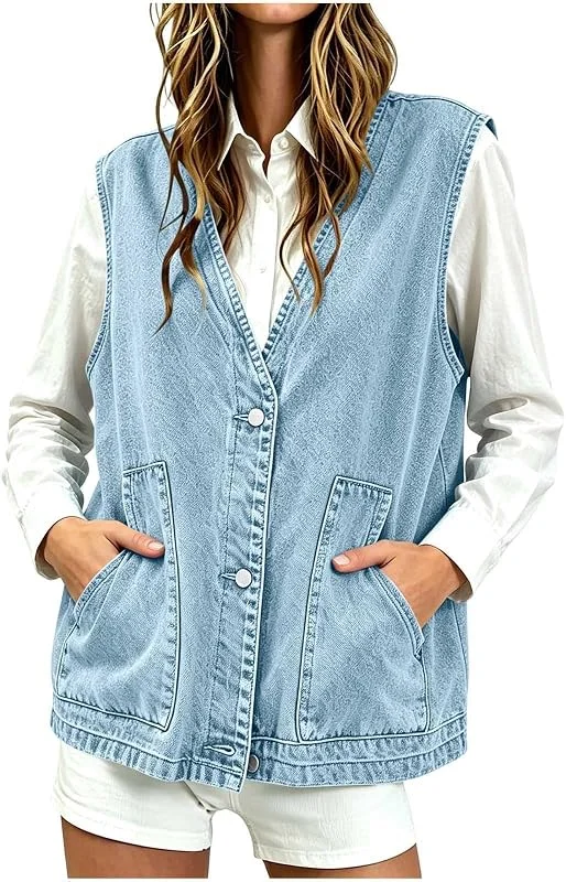 Generisch Jeansweste Damen Ärmellose Weste Damen V-Ausschnitt Jeansjacke — Heizkleidung