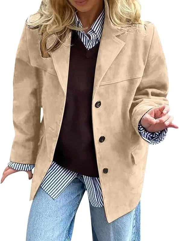 Generisch Wildlederjacke Damen Kurz Vintage Winterjacke Mit Knöpfen Casual Übergangsjacke Elegant Oversize Hemdjacke Langarm Damen-Jacken Leicht Herbstjacke Frauen Wintermantel Damenblazer — Heizkleidung
