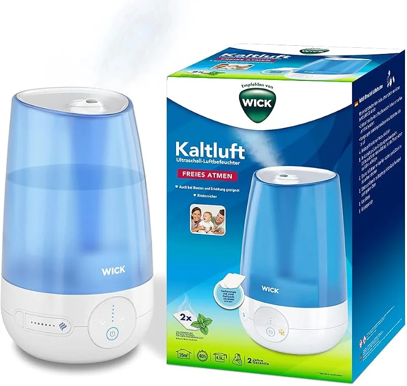 Wick Kaltluft Ultraschall-Luftbefeuchter – Digitale, einstellbare Touch-Bedienung – 4, 5-l-Wassertank – für Schlafzimmern, Büros, Kinderzimmern bis 35 m² – Pads mit ätherischen Ölen inklusive – WUL565