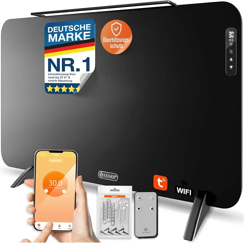 KESSER® Infrarotheizung VION, smart Timer, 450 W, Wandmontage & Stand Mobil Elektroheizung mit Fernbedienung oder App bedienbar, LED-Display, Handtuchhalter, IP44 und Überhitzungsschutz, Schwarz — Heizung Warmepumpe