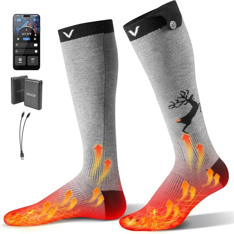 VEVOR Beheizte Socken, 6000 mAh Akkubetrieben, Wiederaufladbare Heizsocken mit 4 Heizstufen und APP-Steuerung, 40–70 °C Fußwärmer für Outdoor, Angeln, Camping, Wandern, Unisex — Heizkleidung