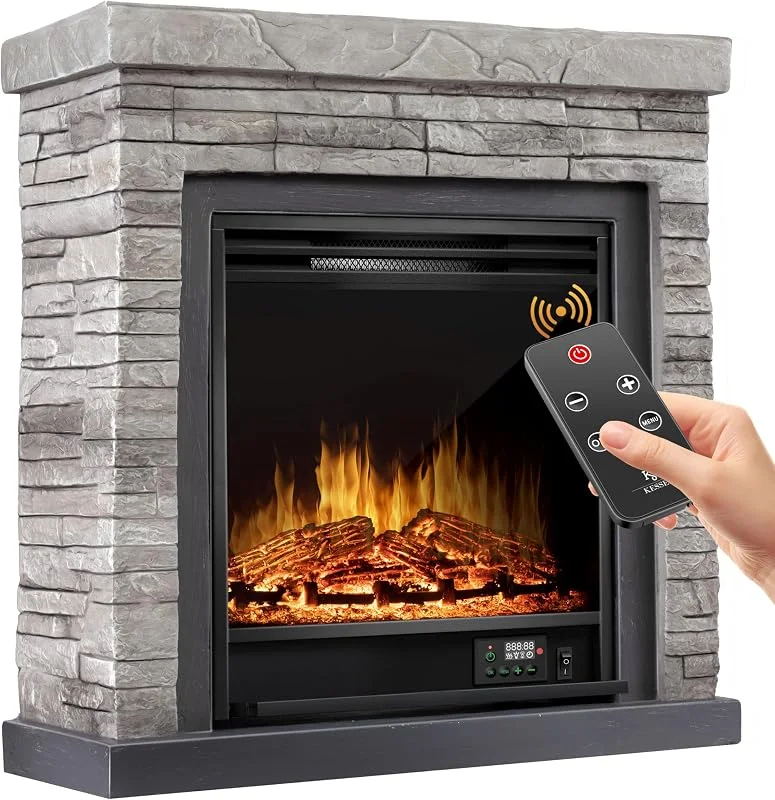 KESSER® Elektrokamin Standkamin - Kamin elektrisch mit LED 3D-Flammeneffekt, Heizung Heizfunktion, Elektro 1800W Leistung, Timer, Thermostat, Fernbedienung, dimmbar, Steinoptik, Grau — Heizung Warmepumpe