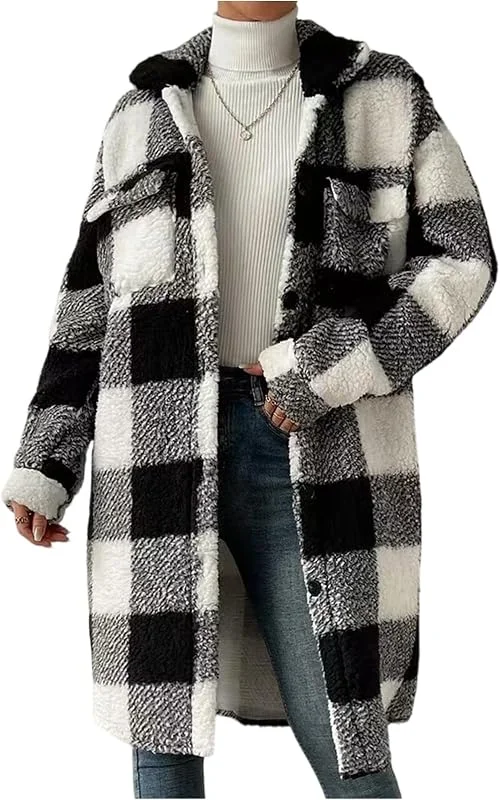 Ansenesna Teddyjacke Damen Lang Flauschig Winterjacke Warm Teddy Fleecejacke Frauen Teddyfleece Sherpa Jacke Winter Kariert Mantel Plüsch Wintermantel Fleece Damen-Jacken Ohne Kapuze Teddymantel — Heizkleidung