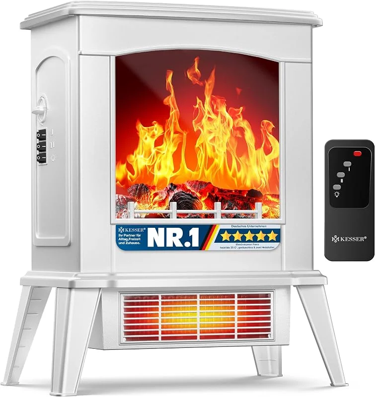 KESSER® LED Kamin Fiero mit Heizung elektrisch, Kaminheizung Elektrokamin Standkamin mit realistischem Feuer -, Flammeneffekt per Fernbedienung, Thermosicherung Verschiedene Heizstufen 2000W — Heizung Warmepumpe