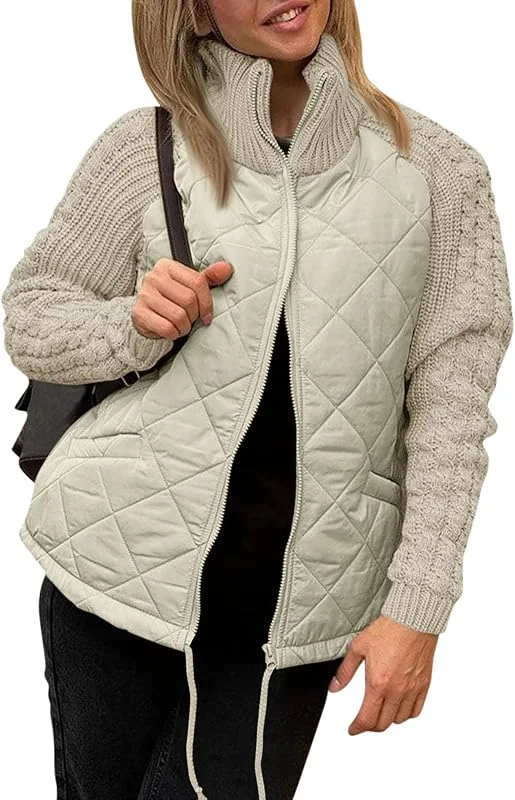 Ansenesna Winterjacke Damen Warm Steppjacke Übergangsjacke Ohne Kapuze Jacke Winter Strick Mantel Wintermantel Frauen Elegant Damen-Jacken mit Reissverschluss Steppmantel Rollkragen Strickjacke — Heizkleidung