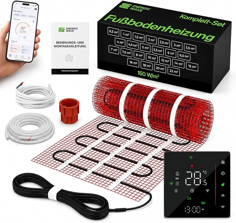 Elektrische Fußbodenheizung 150 W, m² – Heizmatte Komplettset mit WLAN-Thermostat, Fußbodenheizmatte für Fliesen, Steinzeug, Steinböden – 6m² — Heizung Warmepumpe