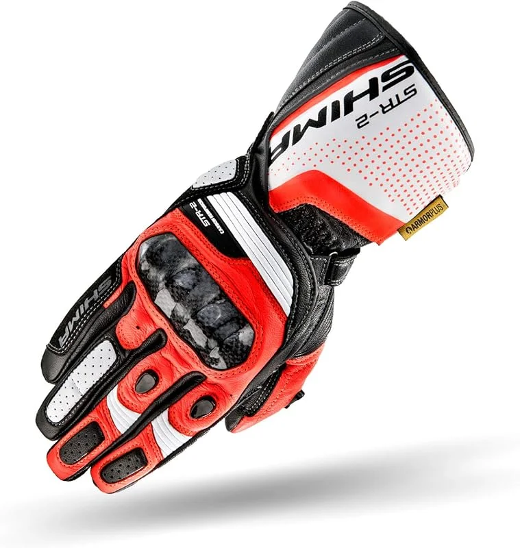 SHIMA STR-2 Motorradhandschuhe Herren - Touchscreen, Sommer, Sport Leder Handschuhe mit Carbon Knöchelprotektor, Handflächen- und Fingerschieber, Verstärkte Handfläche (Red Fluo, XL) — Heizkleidung