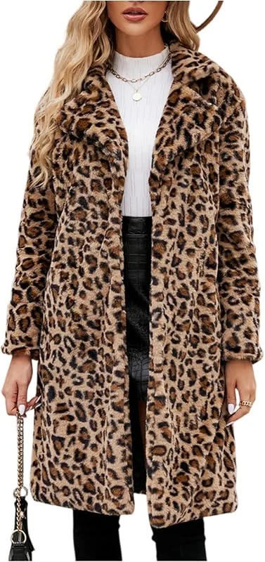 Ansenesna Winterjacke Damen Lang Warm Mit Fell Wintermantel Elegant Flauschig Pelz Jacke Winter Leopard Teddy Felljacke Frauen Kunstfell Plüsch Teddyjacke Leo Print Damen-Jacken Pelzmantel — Heizkleidung