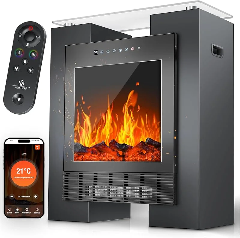 KESSER® Elektrokamin Standkamin – Heizlüfter mit LED-Flammensimulation, App- & Fernbedienungssteuerung, WLAN, Touch-Display, Timerfunktion, Temperaturbereich 15-35°C, Orange — Heizung Warmepumpe