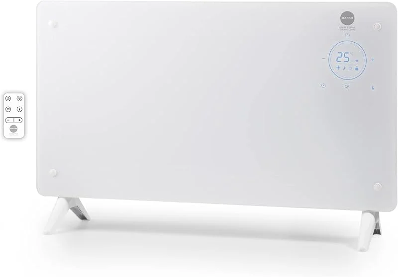 MACOM Enjoy & Relax 937 Thermo-Glas, eleganter Konvektor aus gehärtetem Glas, schnelle Erwärmung, 1000, 2000 W, Tlc, 24-Stunden-Timer, Raumthermostat, Wandmontage mit mitgelieferten Halterungen — Heizung Warmepumpe
