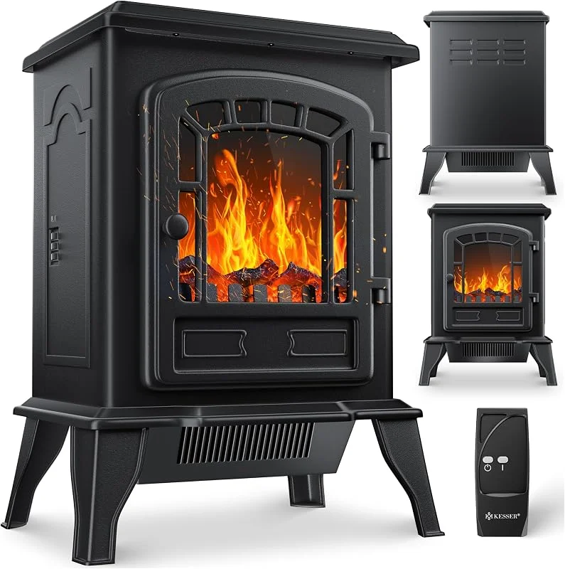 KESSER® Elektrokamin mit Heizlüfter & Fernbedienung 2000W Elektro Kamin Elektrischer Heizung LED Kaminfeuer Effekt Kaminofen Flammeneffekt Heizer Ofen geräuscharm regelbar Schwarz — Heizung Warmepumpe