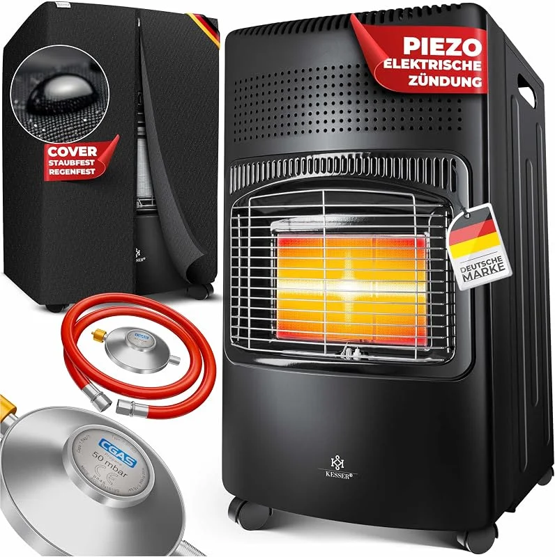 KESSER® 4200 Watt Keramik Piezo Gasheizer inkl. Gasdruckregler Gasschlauch + Schutzhülle, Gasheizofen Heizstrahler Gasheizgerät Infrarot Keramikbrenner, Butan- oder Propangasflaschen bis 15kg, Schwarz — Heizung Warmepumpe