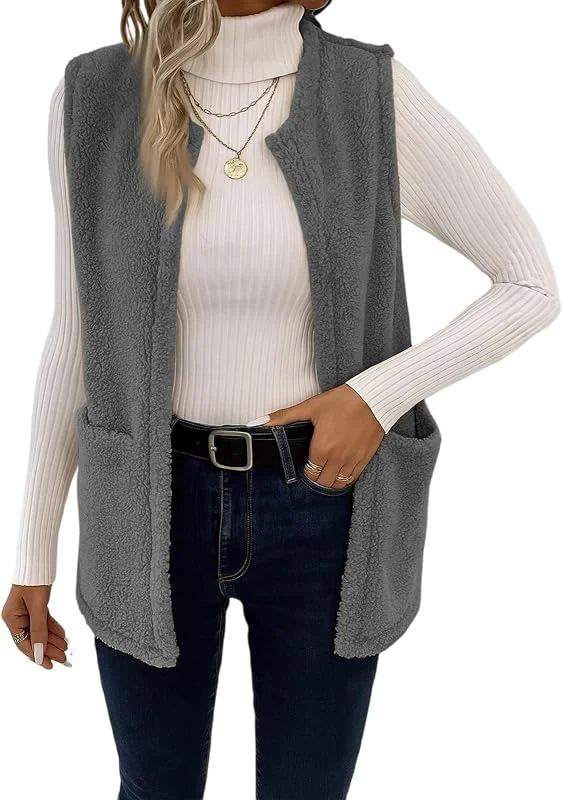 Generisch Teddywesten Damen Gefüttert Mittellang Teddy Weste Damen Ärmellos Westen Mit Taschen Teddyjacke Warm Leicht Herbstjacke Flauschig Warm Übergangsjacke Teddyfleece Damenweste Einfarbig — Heizkleidung