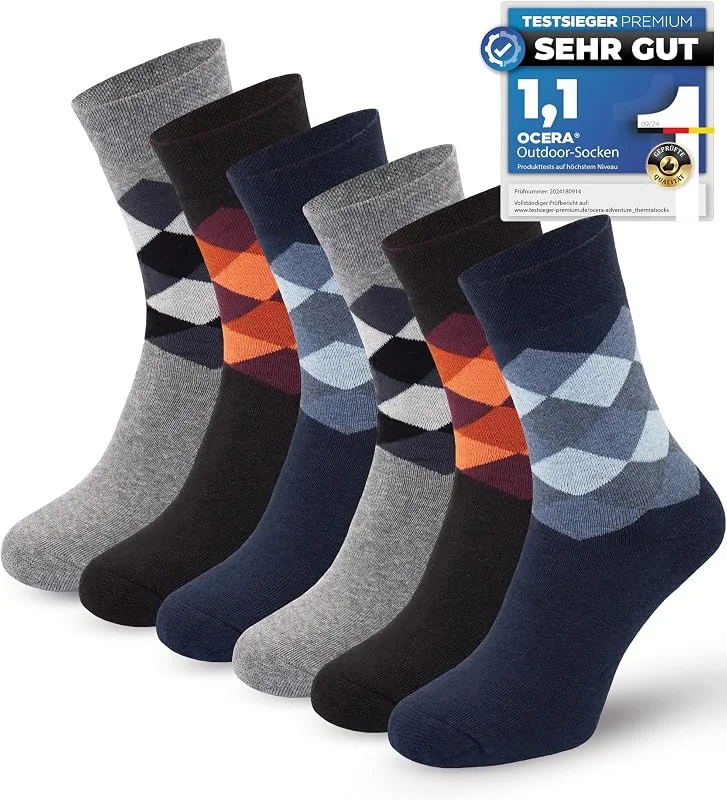 OCERA THERMO Socken für Damen & Herren, 6 Paar Vollfrottee Wintersocken mit Farbstreifen oder modernen Design, ÖKO-TEX Standard 100 zertifizierte Baumwolle — Heizkleidung