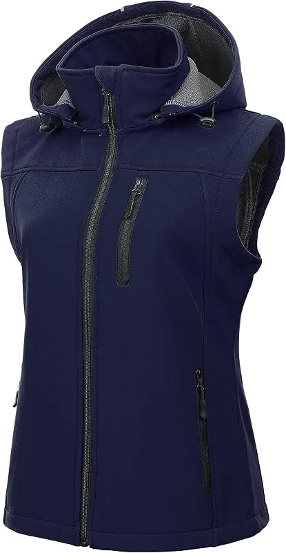 CREATMO US Leichte Softshell-Weste für Damen, Oberbekleidung, Windbreaker, ärmellose Jacke mit abnehmbarer Kapuze — Heizkleidung