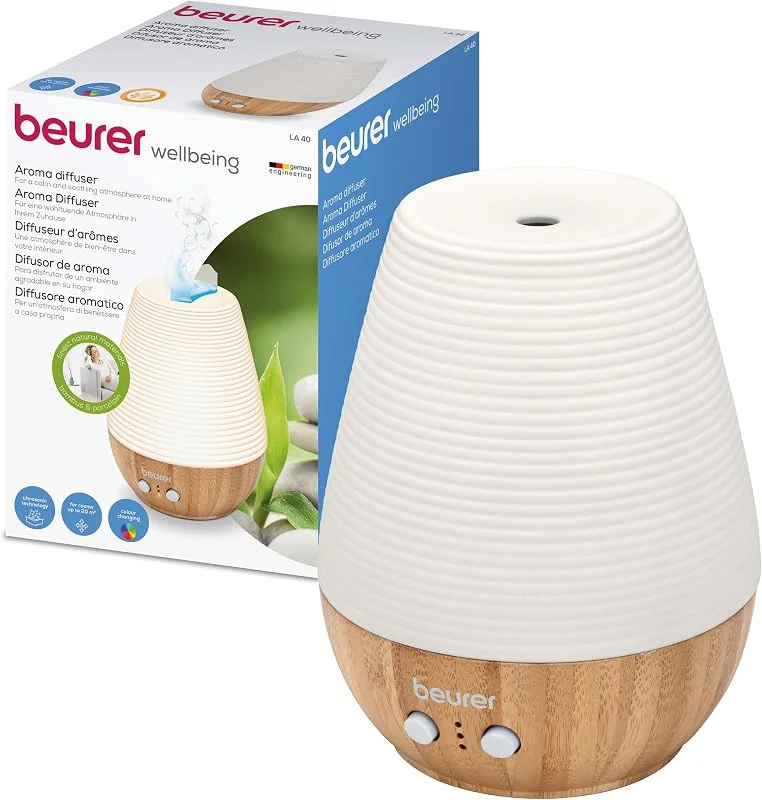 Beurer LA 40 Aroma Diffuser, Duft-Vernebler mit Ultraschall-Zerstäubung, mit Wellnesslicht und Farbwechsel, aus Holz und Porzellan, für Räume bis 20m2 — Luftbefeuchter