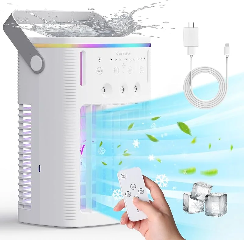 Tragbare Klimaanlagen, kleiner 3-Gang-AC-Ventilator, tragbarer Luftkühler mit Fernbedienung, Timer-Funktion, 7-farbiges Nachtlicht, 3-stufige Nebelmodi für Schlafzimmer, Büro, Zimmer, Camping. — Luftbefeuchter