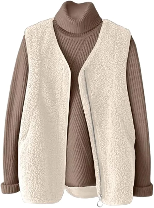Generisch Teddy Fleece Weste Damen Warm Ärmellose Fleeceweste Herbst und Winter Teddywesten Oversize Teddyjacke Lässig Leicht Übergangsjacke Elegant Damenweste Mit Reissverschluss Herbstmantel — Heizkleidung