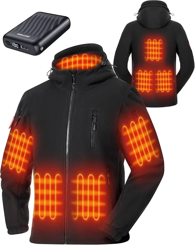 Fleece Beheizbare Jacke Herren mit Powerbank 12V 18400mAh, 8 Heizzonen, Beheizte Jacke mit 3 Temperaturstufen, Winter-Daunenmantel für Radfahren, Camping & Outdoor-Arbeit, Schwarz, XXL — Heizkleidung