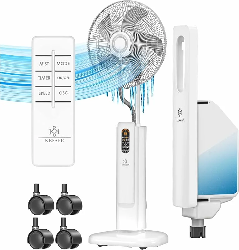 KESSER® Stand-Ventilator Frosty mit Wasser Ultraschall-Sprühnebel Wasserkühlung, inkl. Fernbedienung Timer-Funktion, Luftbefeuchter Leise, Nebelfunktion, Standventilator, Weiß