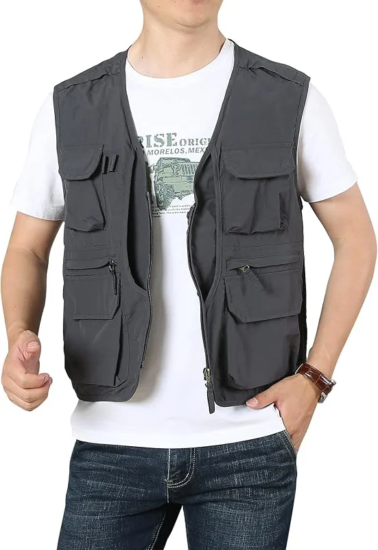 Flygo Herren Mesh Anglerweste Multi Taschen Schnelltrocknend Atmungsaktiv Weste für Outdoor Jagd Reisen Sport — Heizkleidung