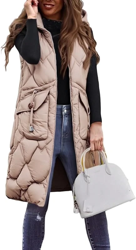 Generisch Steppweste Damen Lang Leicht Weste Damen Elegant Daunenweste Mit Kapuze Ärmellos Winterjacke Outdoor Westen Winter Damenweste Mit Reissverschluss Frauen Herbstjacke Warmer Longweste — Heizkleidung