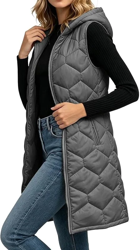 Weste Damen Lang Winter Steppjacke Damen Leicht mit Kapuze Puffer Jacke — Heizkleidung